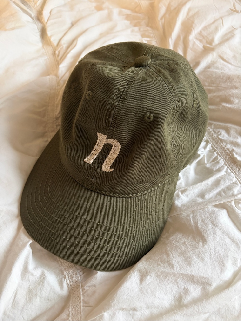 Nili Lotan "NEW" Olive Green Baseball Cap with White Embroidered 'n'